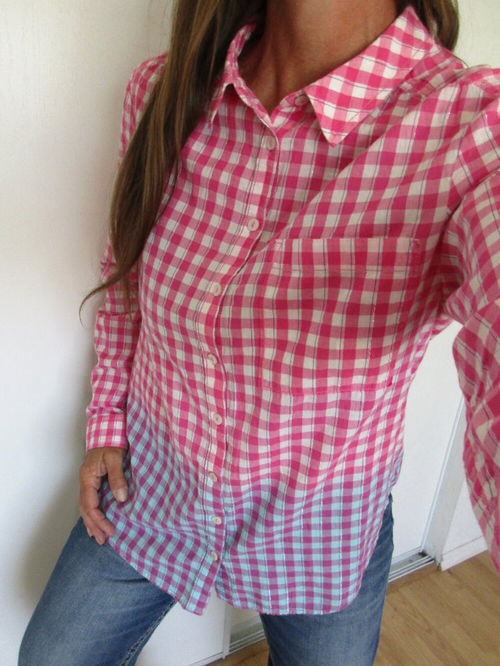 PILCRO Shirt Size Large Pink/White Checkered Button Down